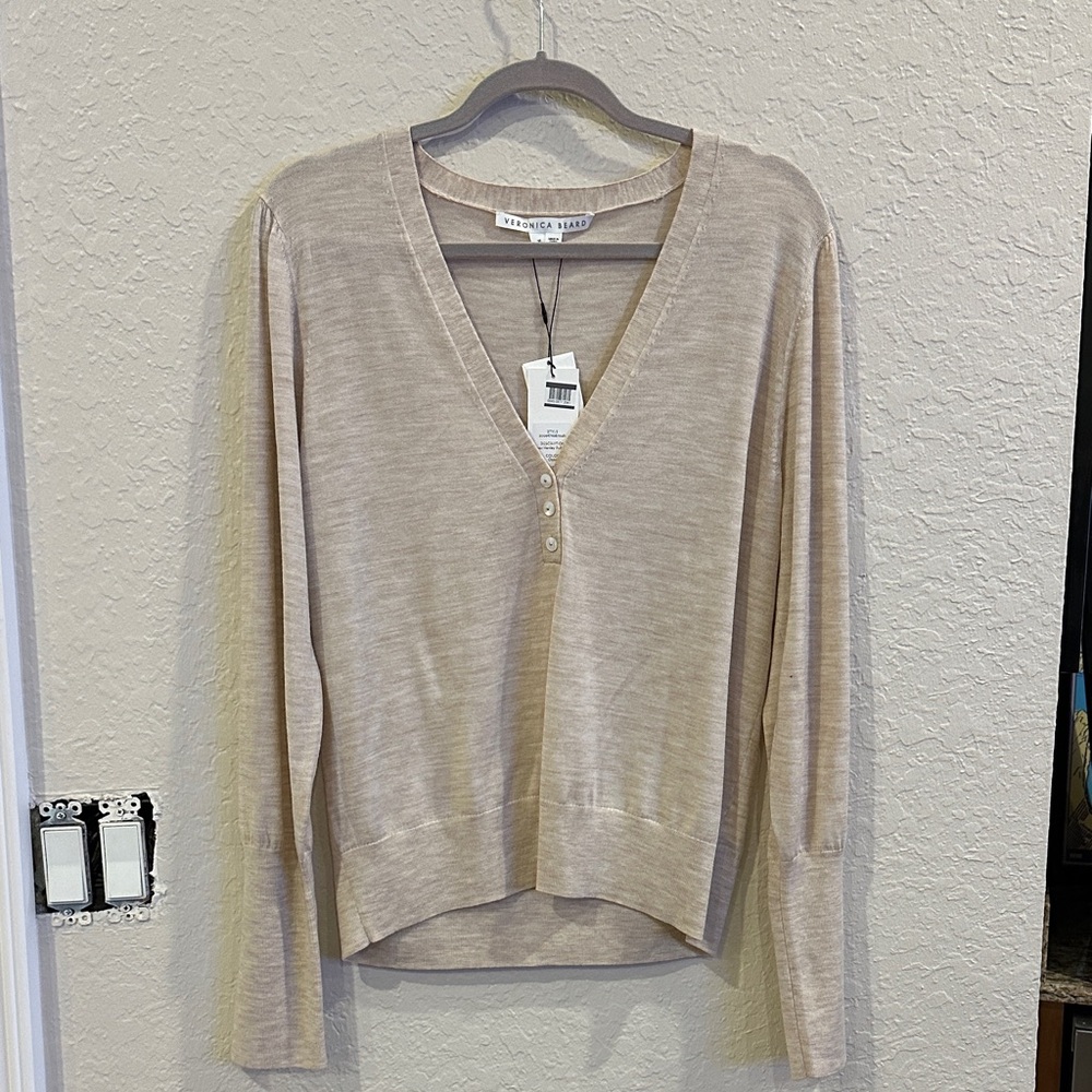 Veronica Beard Inez Henley V-Neck Beige Sweater BNWT XL